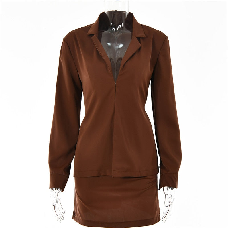 Turn-down Collar Button Two Piece Set Brown Long Sleeve Top High Waist Skirt Women Autumn Slim Office Outfits The Clothing Company Sydney