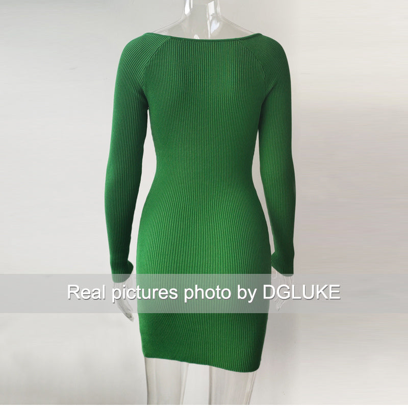 Green Long Sleeve Knitted Dress Elegant Sweetheart Neck Party Autumn Winter Bodycon Sweater Dress The Clothing Company Sydney