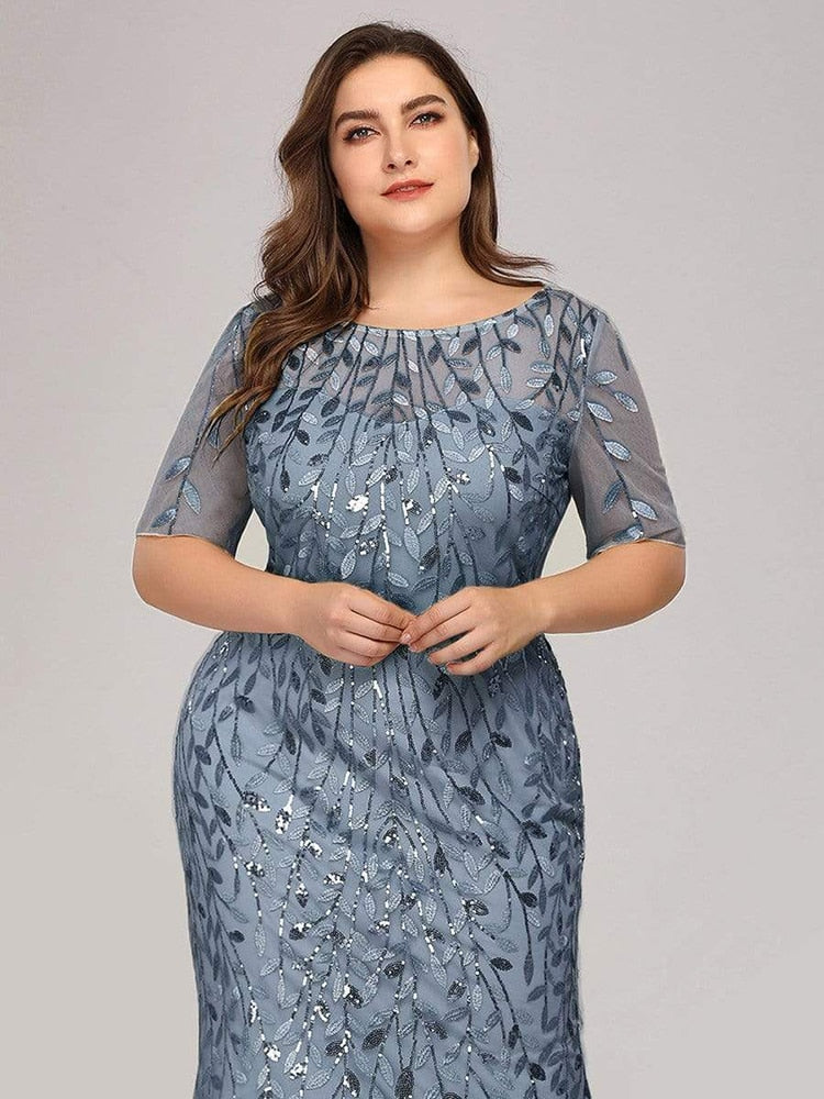 Plus Size Sequin Mesh Mermaid Slim Evening Beaded Leaves Pattern Formal Elegant Party Prom Gowns Short Sleeve Dress The Clothing Company Sydney