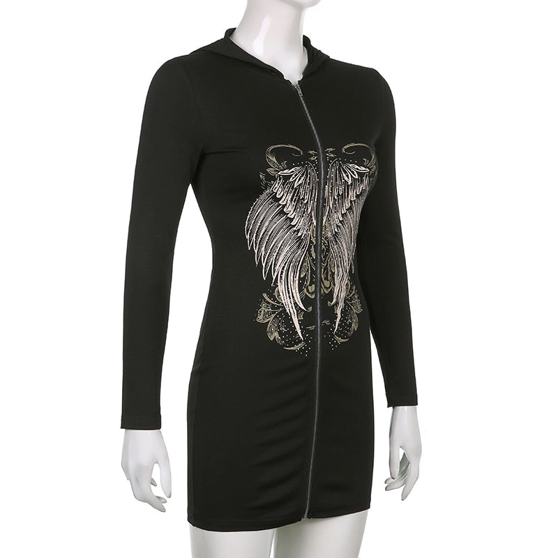 Gothic Grunge Fairycore Wings Printed Graphic Zipper Hooded Bodycon Dark Academia Autumn Mini Dresses Y2K Dress The Clothing Company Sydney