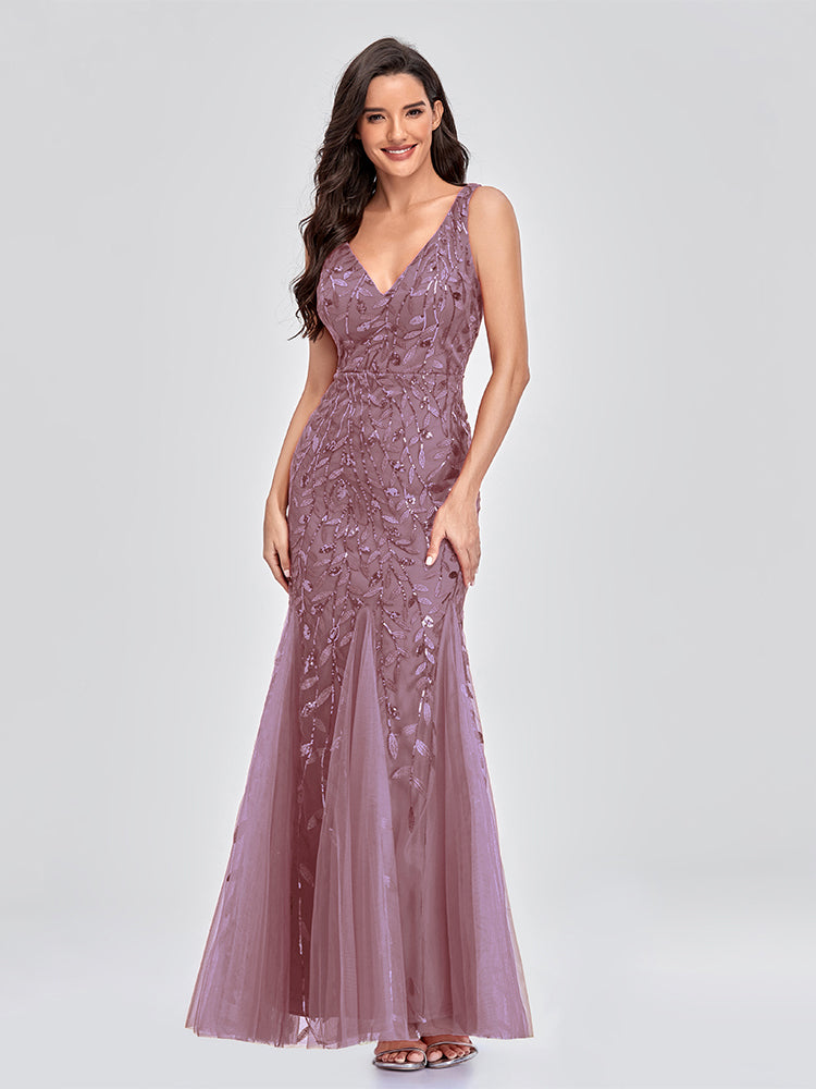 Sleeveless V-neck Tulle Sequins Cocktail V-back Mermaid Party Prom Gown Formal Occasion Embroidered Formal Dress The Clothing Company Sydney