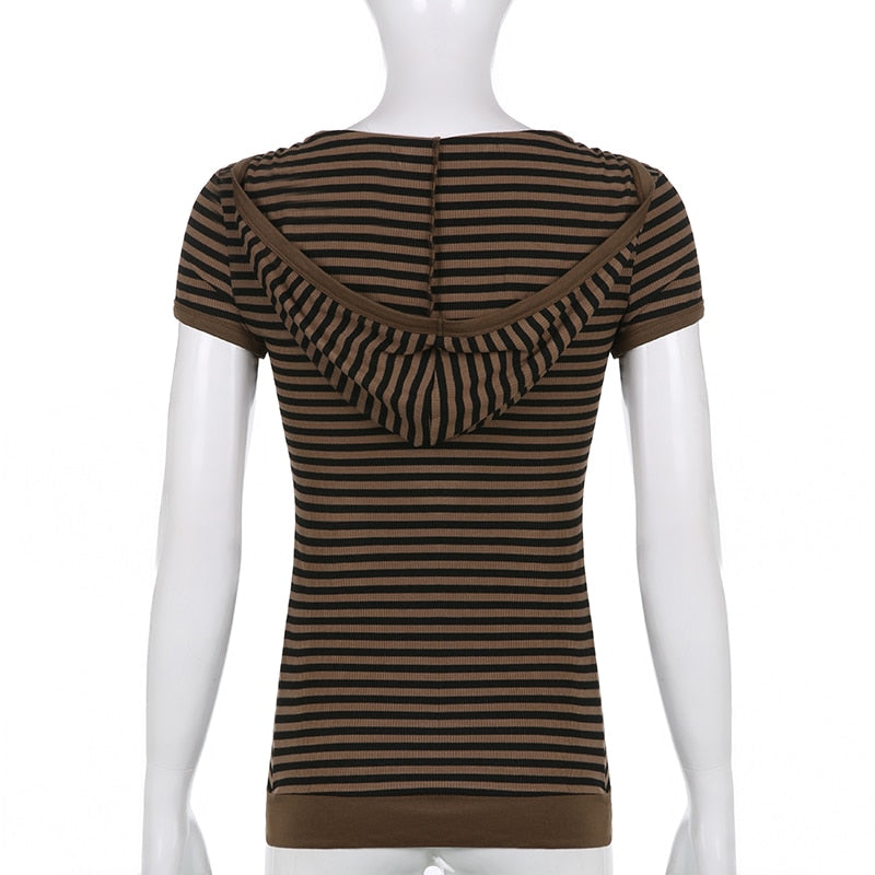 Y2K Striped Crop Top Hooded Short Sleeve T Shirt Women's Cute Retro Brown Summer Tee Casual Tshirt The Clothing Company Sydney