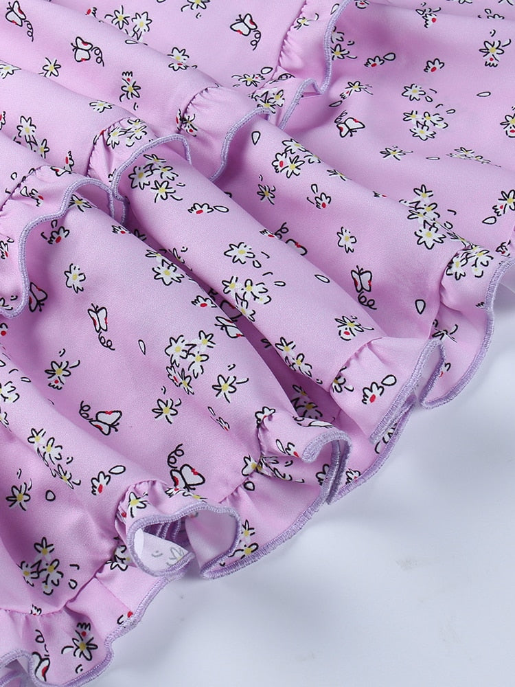 Ruffle Mini Dresses Floral Print Purple Button Sleeveless Y2K Women Casual Fashion Elegant Party Dresses The Clothing Company Sydney