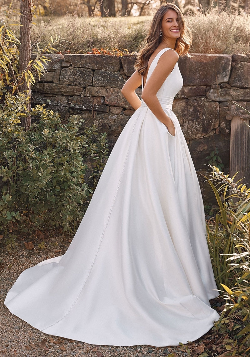 Sleeveless Strap A-Line Deep V Neck Wedding Dress Simple Satin Court Train Wedding Bride Dress The Clothing Company Sydney