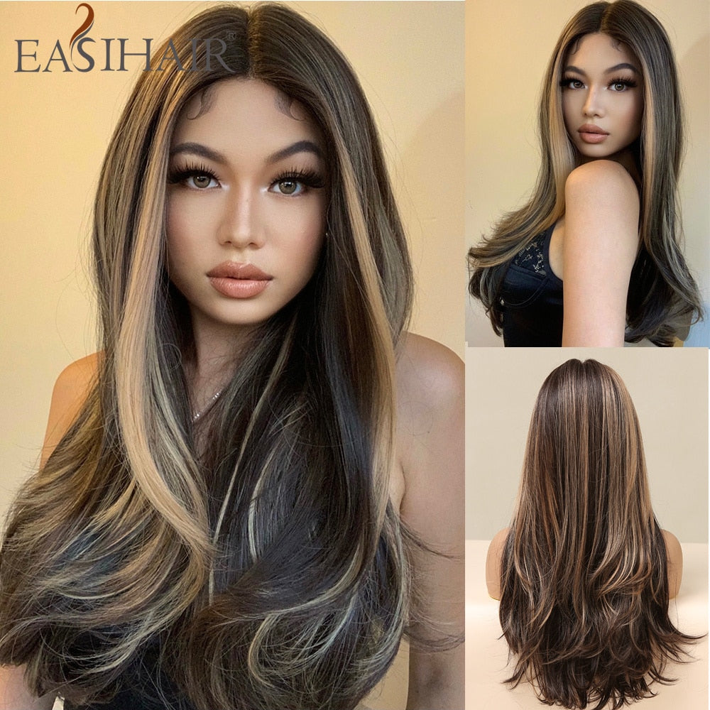 Ombre Brown Light Blonde Platinum Long Wavy Middle Part Hair Wig Cosplay Natural Heat Resistant Synthetic Wig for Women The Clothing Company Sydney