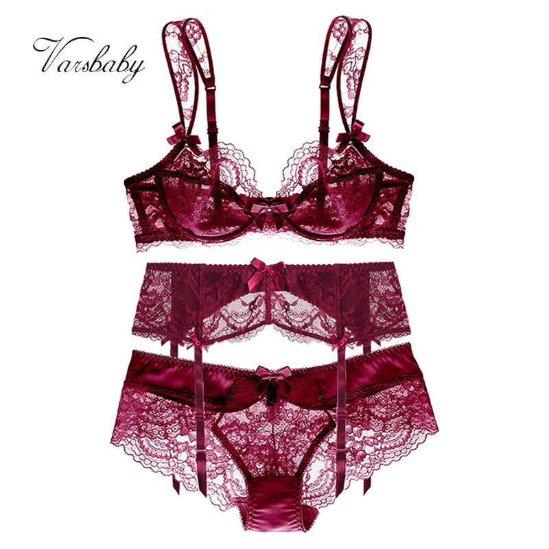 Ultra-Thin Gathered Plus Size Bowknot Floral Underwear Lace Strap Bra + Panties + Garte 3 Piece set The Clothing Company Sydney