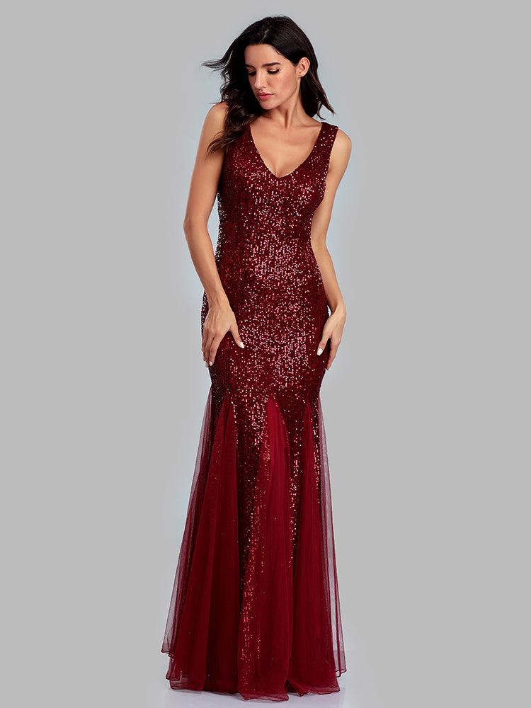 Plus Size V Neck Mermaid Burgundy Long Formal Prom Party Gown Sequins Sleeveless Evening Cocktail Dress The Clothing Company Sydney