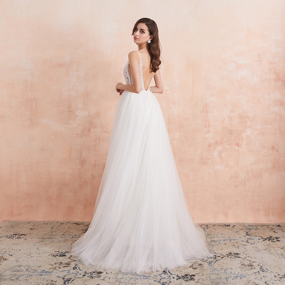 V Neck Wedding Dress White Ivory High Split Beaded Beading Pearls Crystal A Line Backless Bridal Gown The Clothing Company Sydney