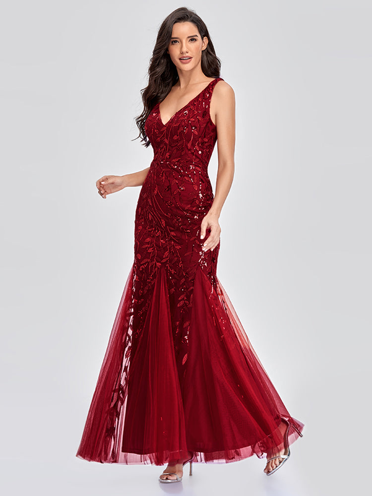 Sleeveless V-neck Tulle Sequins Cocktail V-back Mermaid Party Prom Gown Formal Occasion Embroidered Formal Dress The Clothing Company Sydney