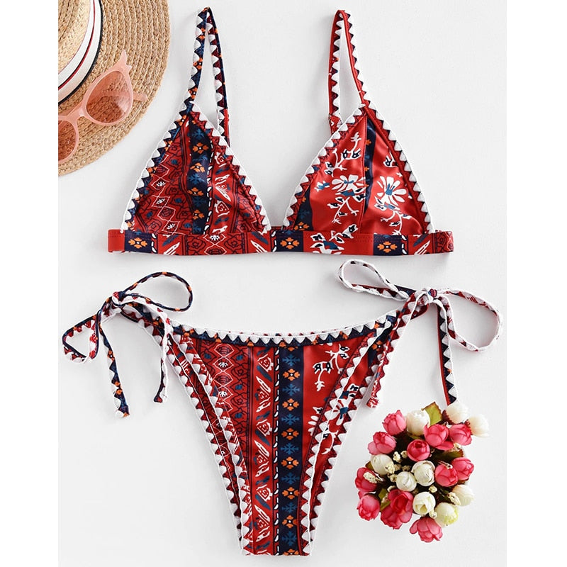 Printed Bandeau swimsuit Patchwork 2 pieces set High cut swimwear Sports bathing suit bikini set The Clothing Company Sydney