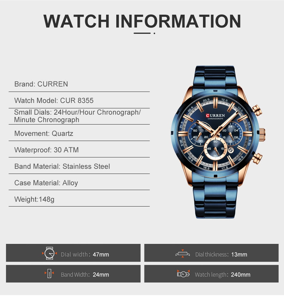 Men's Watch Luxury Sports Quartz Mens Watches Full Steel Waterproof Chronograph Wristwatch The Clothing Company Sydney