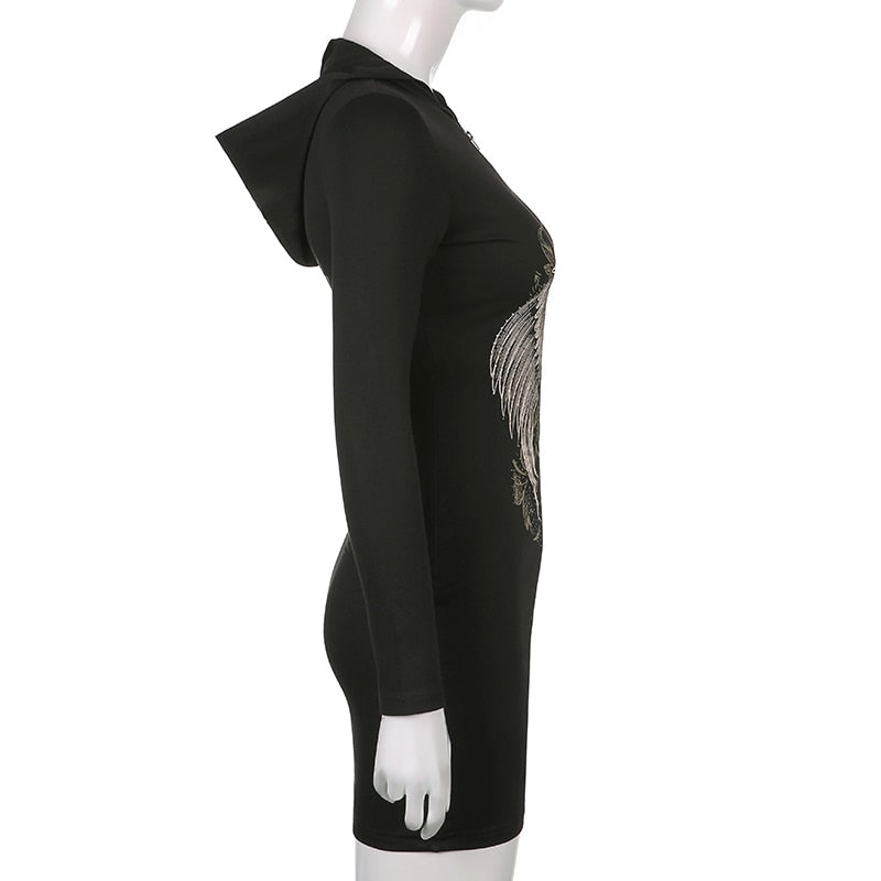 Gothic Grunge Fairycore Wings Printed Graphic Zipper Hooded Bodycon Dark Academia Autumn Mini Dresses Y2K Dress The Clothing Company Sydney