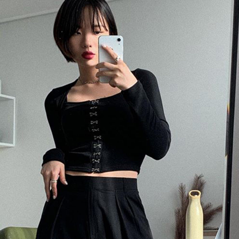 Streetwear Square Neck Hook Cotton Aututmn T-shirts Bodycon Gothic White Crop Tops Tees Long Sleeve T shirt The Clothing Company Sydney