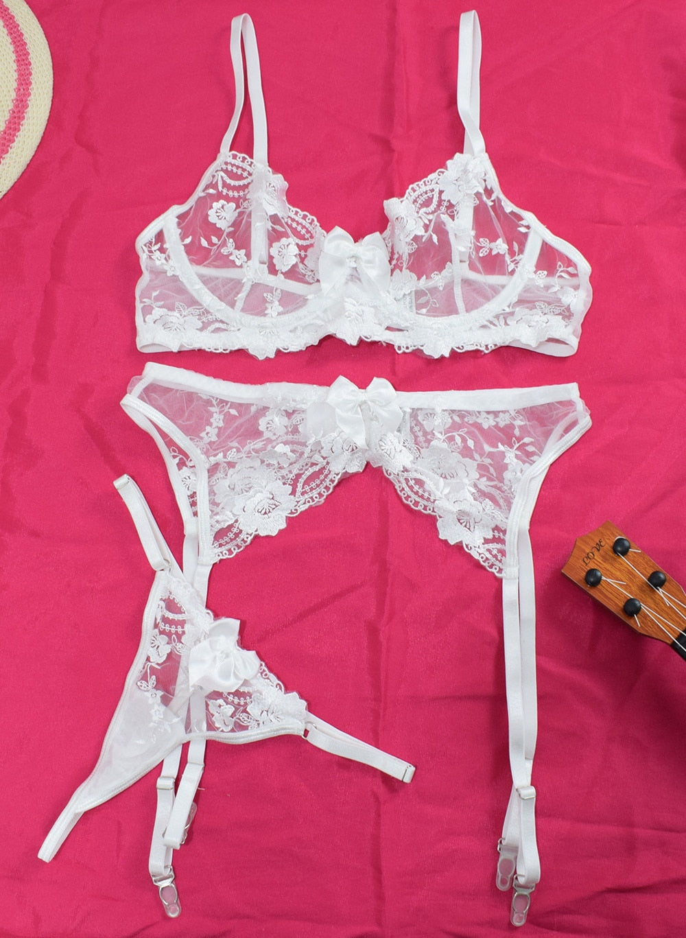 Mesh Embroidery Bra Underwear with Garter Lingerie Women Thin Lace Push Up Bra Set Bra Garters Thong 3 Piece Set The Clothing Company Sydney
