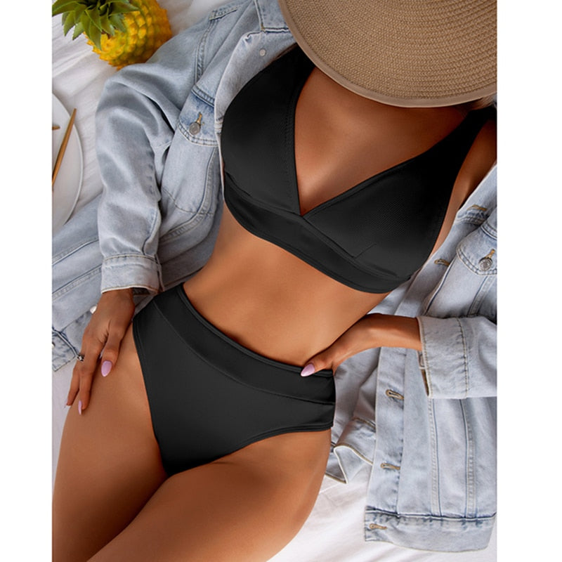 2 Piece Ribbed Bikini Women Swimsuit High Waist Swimwear V-neck Biquini Push Up Bathing Suit Women Black Bikini Set The Clothing Company Sydney