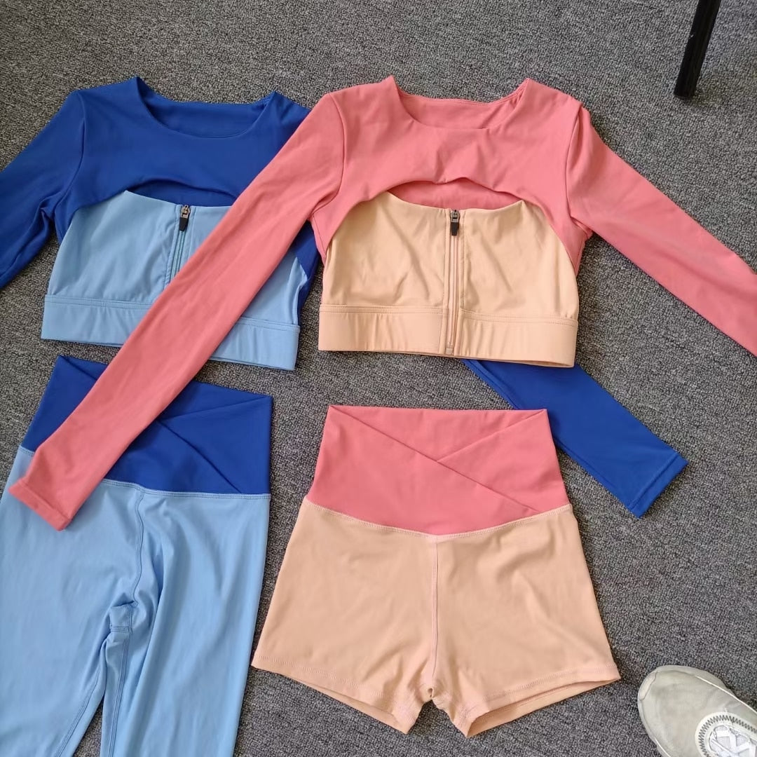 Layered Look Long Sleeve Yoga Crop Top Wrap V Waist Leggings Layered Cut Out Sports Bra Contrast Waist Shorts The Clothing Company Sydney