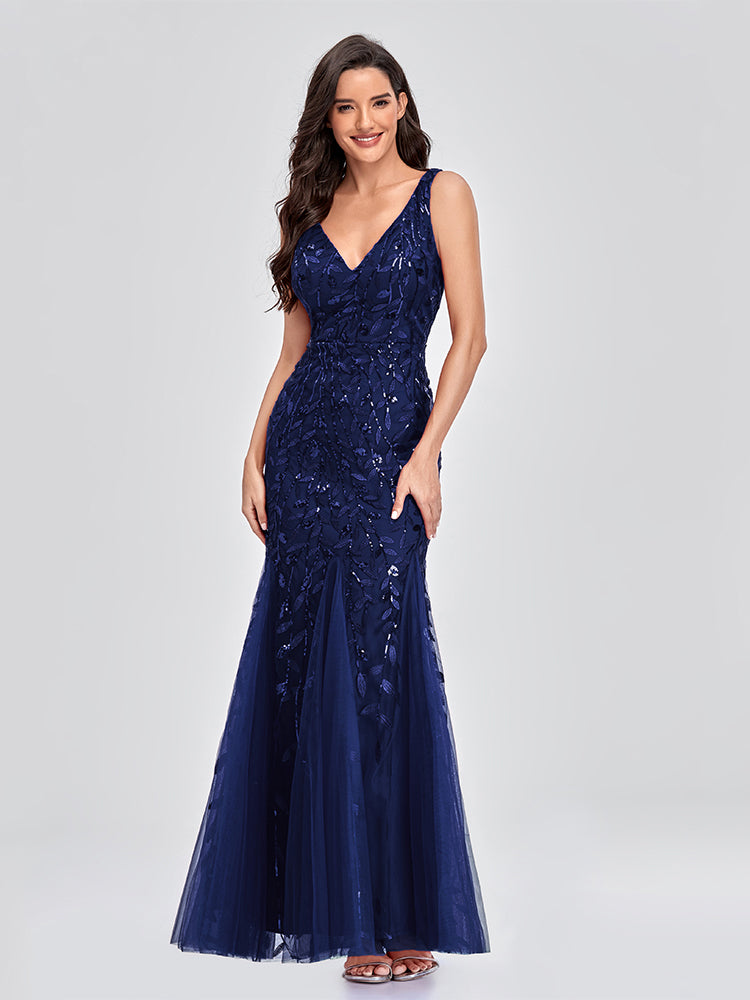 Sleeveless V-neck Tulle Sequins Cocktail V-back Mermaid Party Prom Gown Formal Occasion Embroidered Formal Dress The Clothing Company Sydney