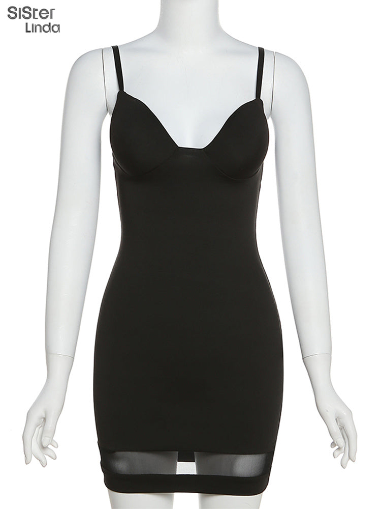 Casual Mesh Bodycon Mini Dress Women Romper  Sleeveless Skinny Stretchy Deep V Neck Party Clubwear Trend Outfit The Clothing Company Sydney