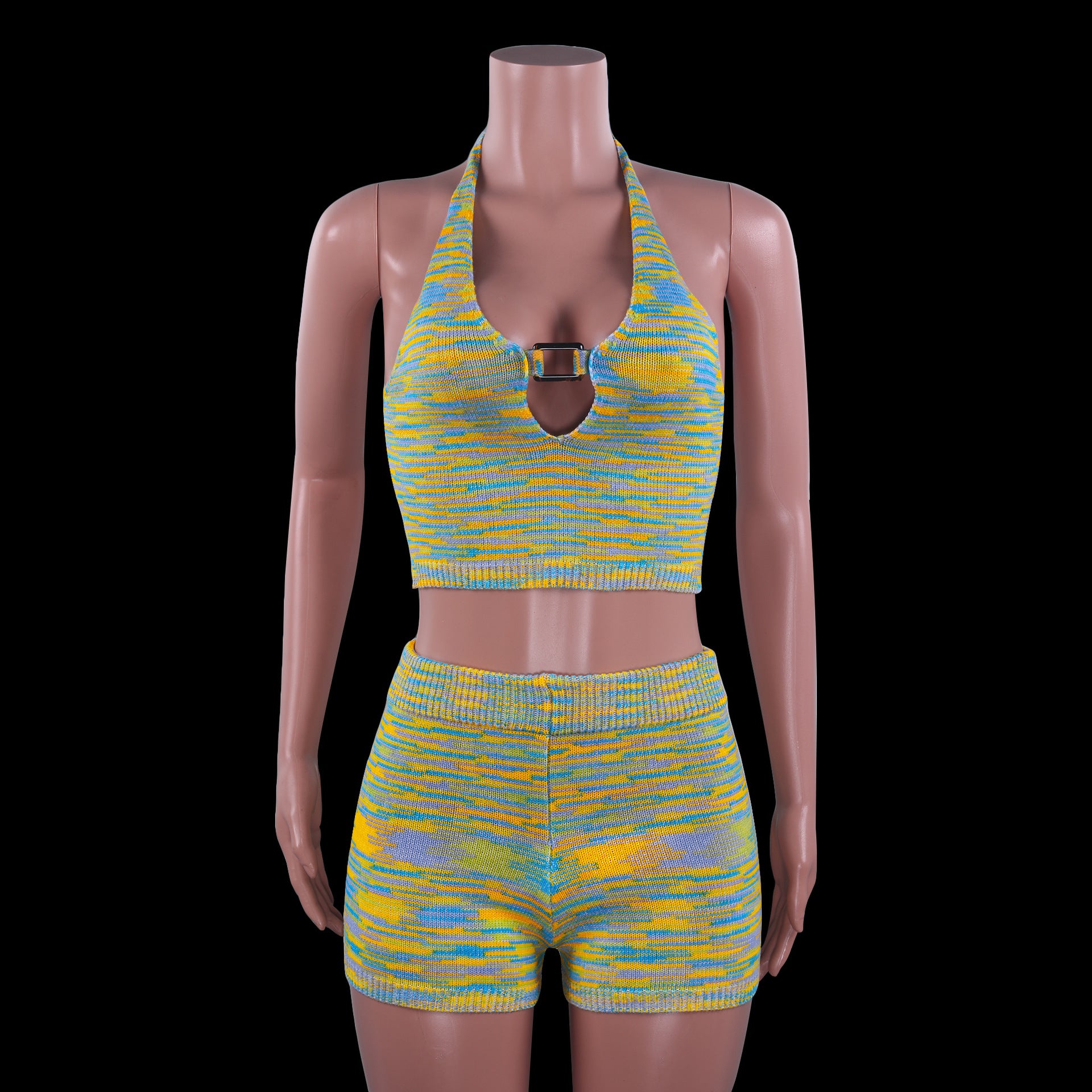 Rainbow Print Halter Cut Out Crop Top and Shorts 2 Piece Matching Set Club Fashion Outfits Loungewear Set The Clothing Company Sydney