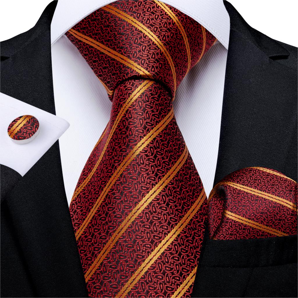 3 Piece Designer Men's Wedding Tie Gold Black Striped Silk Neck Ties For Men Hanky Cufflinks Set Business Party Wear The Clothing Company Sydney