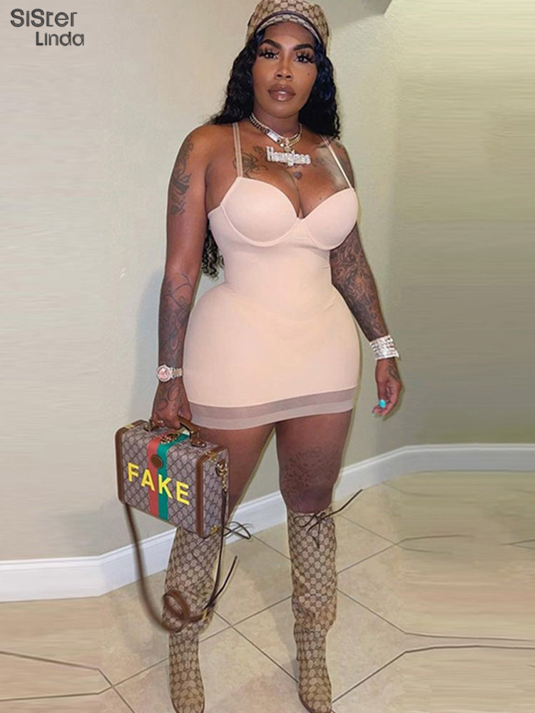 Casual Mesh Bodycon Mini Dress Women Romper  Sleeveless Skinny Stretchy Deep V Neck Party Clubwear Trend Outfit The Clothing Company Sydney