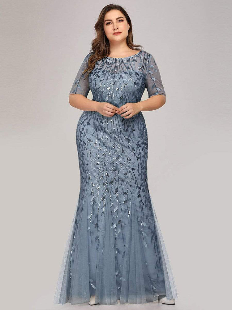 Plus Size Sequin Mesh Mermaid Slim Evening Beaded Leaves Pattern Formal Elegant Party Prom Gowns Short Sleeve Dress The Clothing Company Sydney