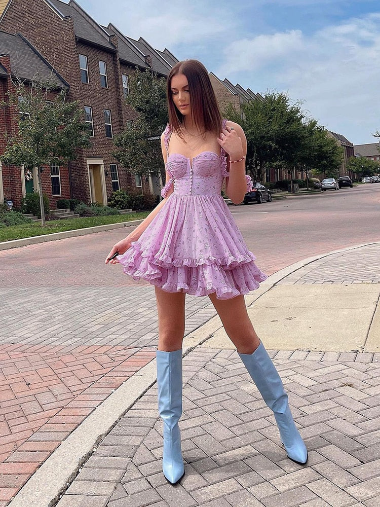 Ruffle Mini Dresses Floral Print Purple Button Sleeveless Y2K Women Casual Fashion Elegant Party Dresses The Clothing Company Sydney