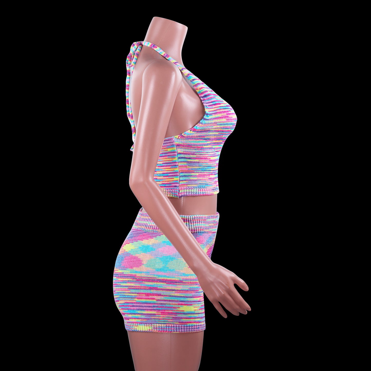 Rainbow Print Halter Cut Out Crop Top and Shorts 2 Piece Matching Set Club Fashion Outfits Loungewear Set The Clothing Company Sydney