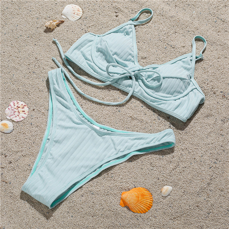 Ribbed High Cut Swimsuit Solid Push Up swimwear String Knot Bathing Suits Bikini Set The Clothing Company Sydney