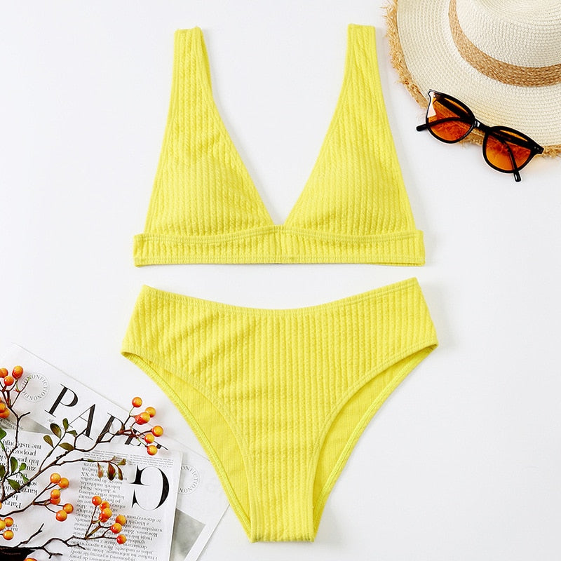 2 Piece Ribbed Bikini Women Swimsuit High Waist Swimwear V-neck Biquini Push Up Bathing Suit Women Black Bikini Set The Clothing Company Sydney