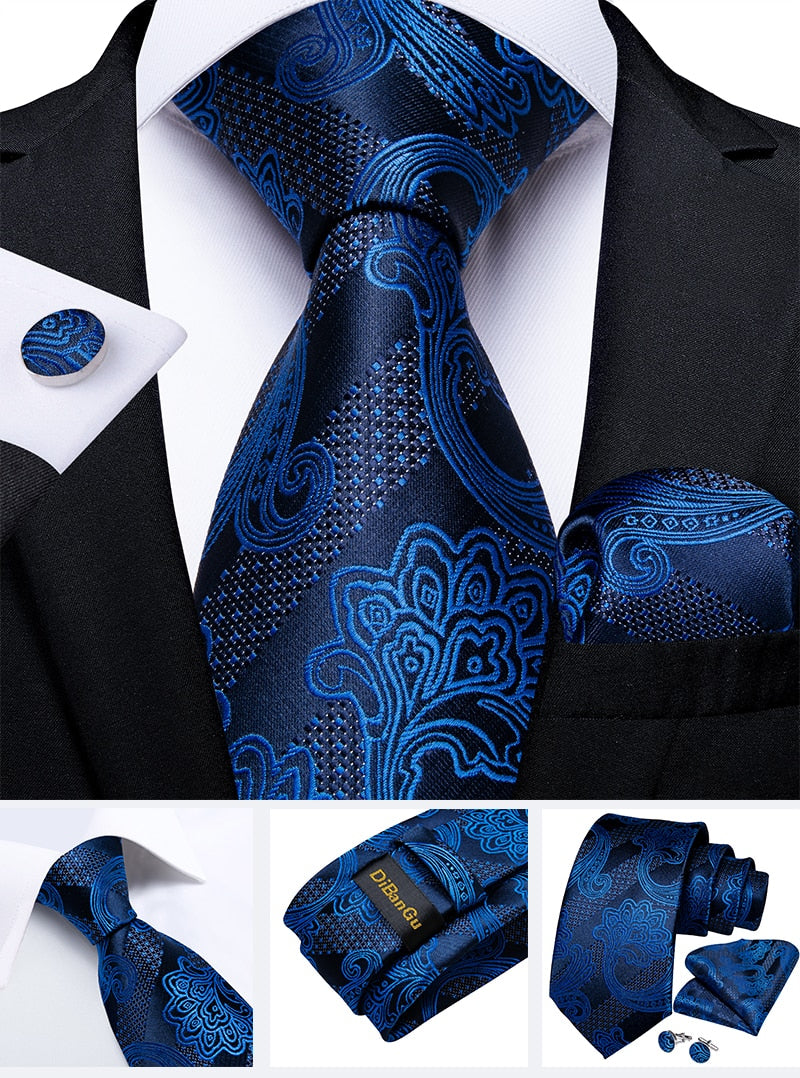 Classic 100% Silk Men's Ties 8cm Blue Plaid Dot Striped Business Necktie Handkerchief Wedding Party Tie Set The Clothing Company Sydney