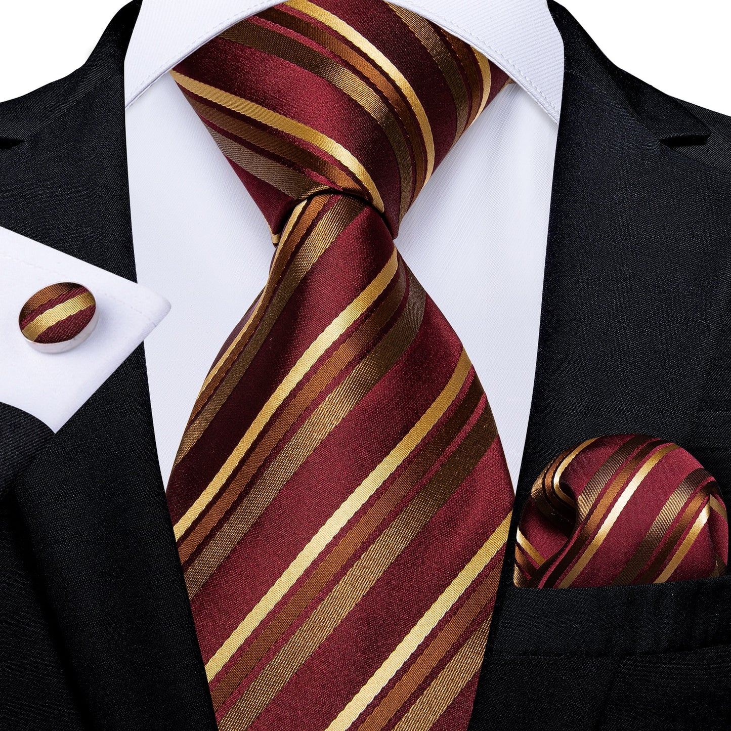 3 Piece Designer Men's Wedding Tie Gold Black Striped Silk Neck Ties For Men Hanky Cufflinks Set Business Party Wear The Clothing Company Sydney