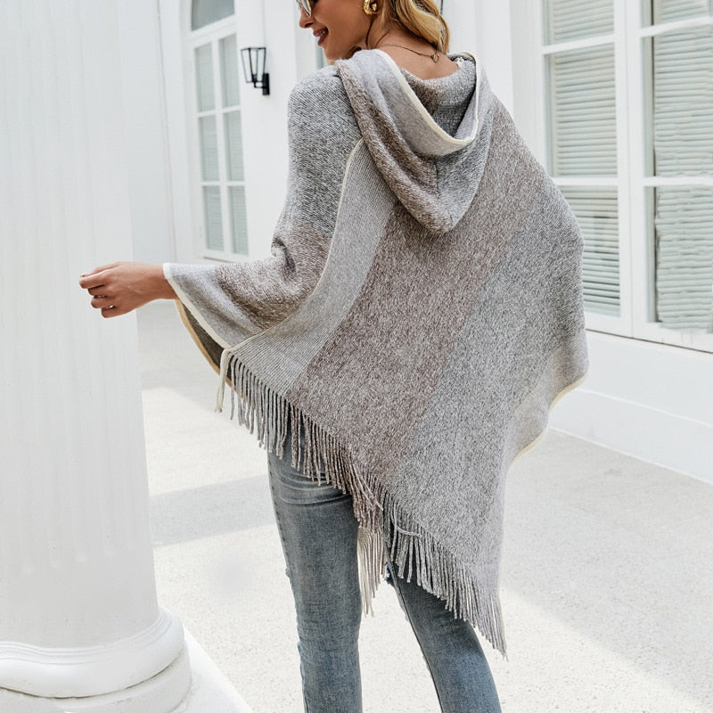 Autumn Winter Women Sweaters Poncho Knitting Capes Cloak Sweater V-Neck Irregular Hem Tassels Coat Color-block Knitted Pullover The Clothing Company Sydney