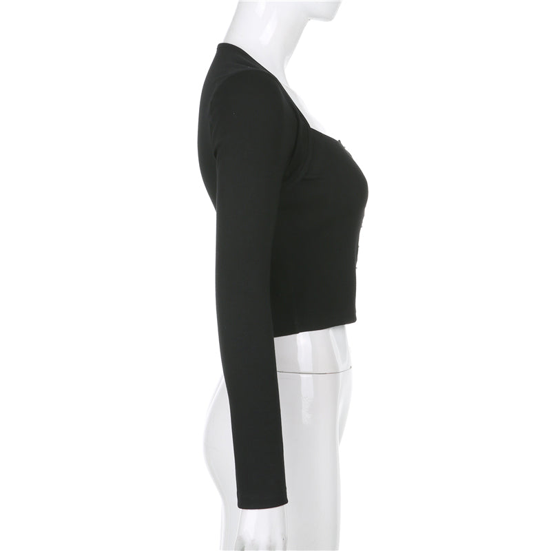 Streetwear Square Neck Hook Cotton Aututmn T-shirts Bodycon Gothic White Crop Tops Tees Long Sleeve T shirt The Clothing Company Sydney