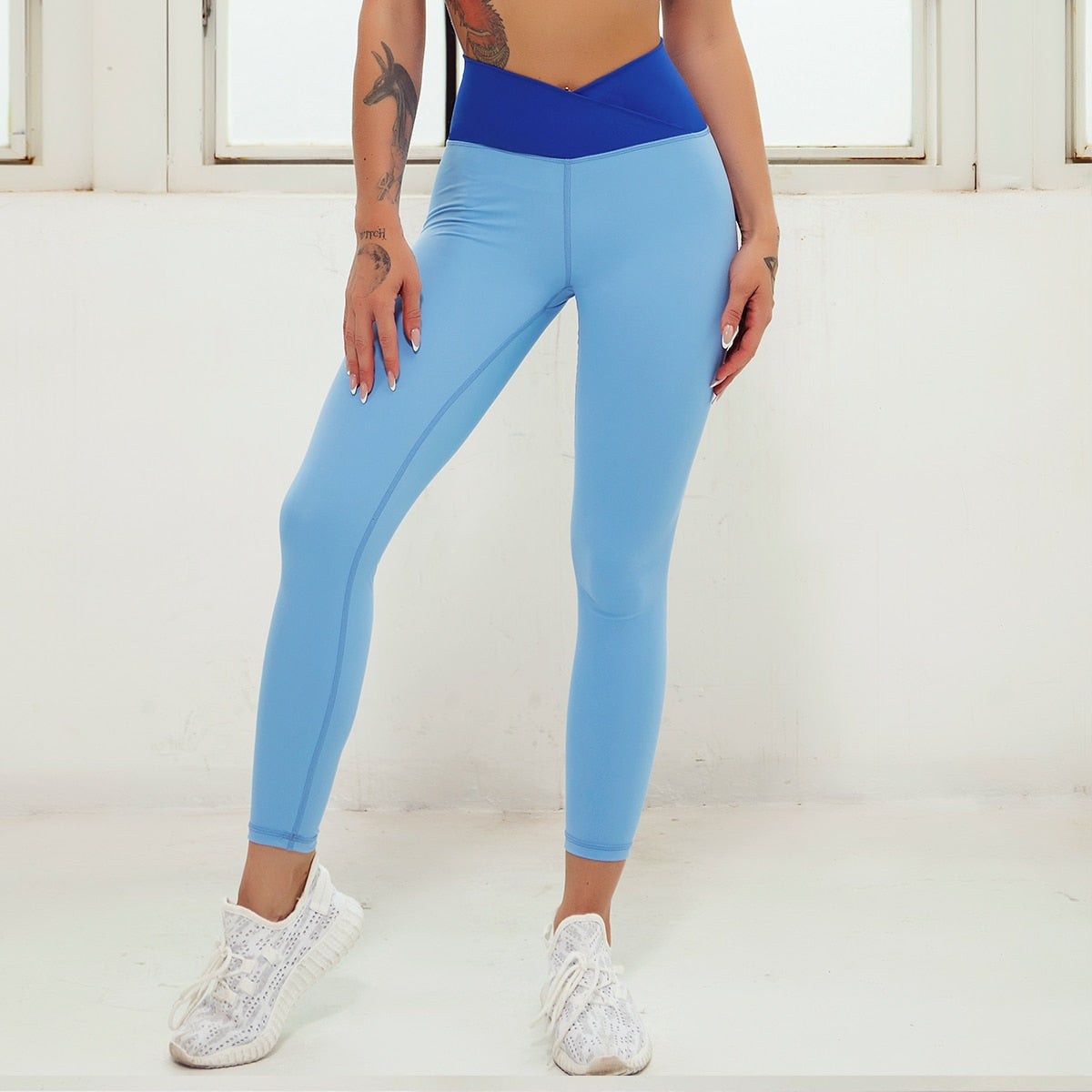 Layered Look Long Sleeve Yoga Crop Top Wrap V Waist Leggings Layered Cut Out Sports Bra Contrast Waist Shorts The Clothing Company Sydney