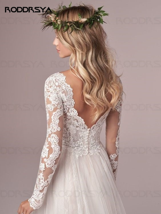 A Line Long Sleeves Wedding Dresses Lace Bridal Gowns Tulle Ivory Open Back Wedding Dress The Clothing Company Sydney