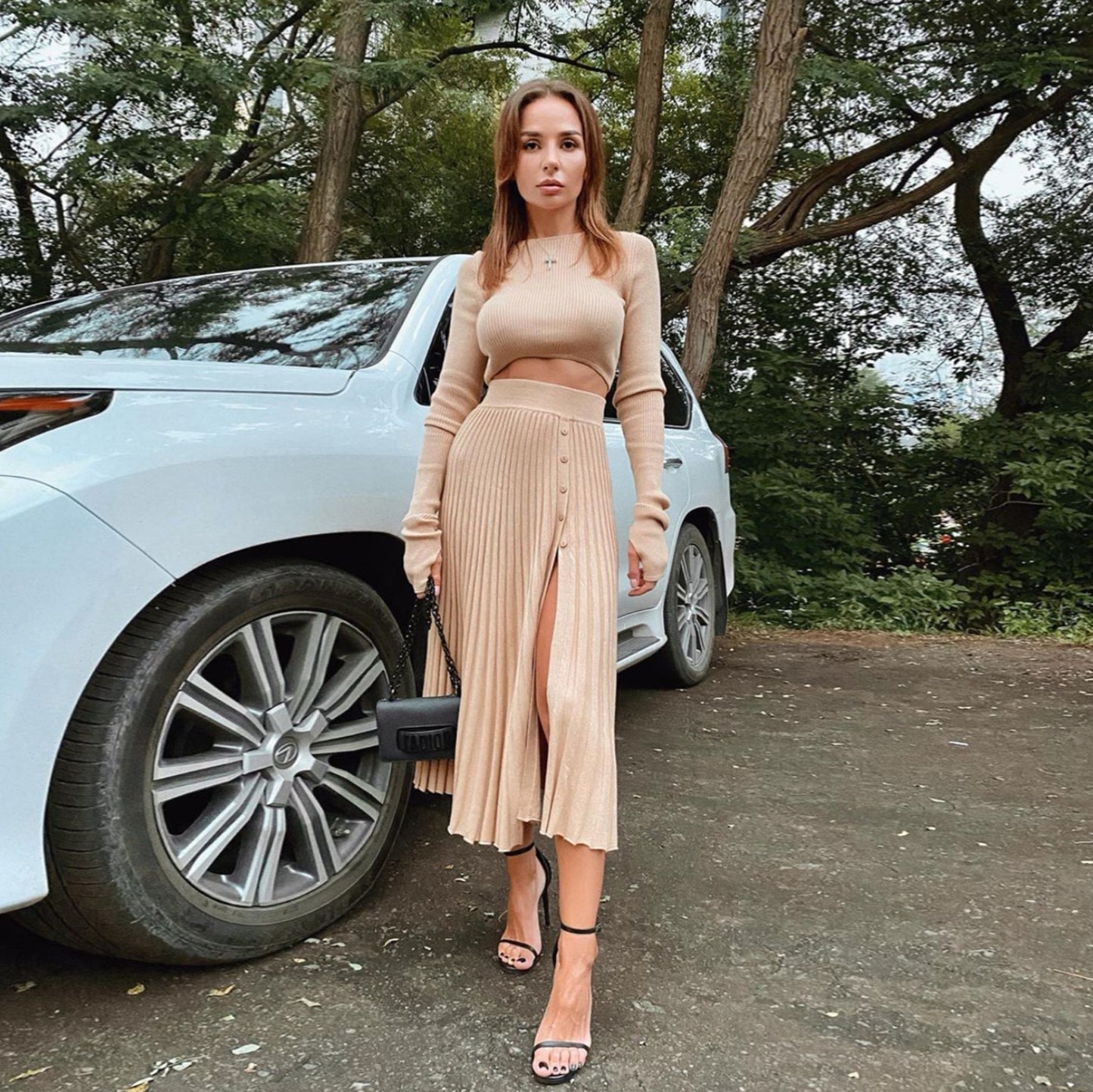 2 Piece Sweater Cropped Top Midi Skirt Matching Set Outfits Button Up Split Skirt Set The Clothing Company Sydney