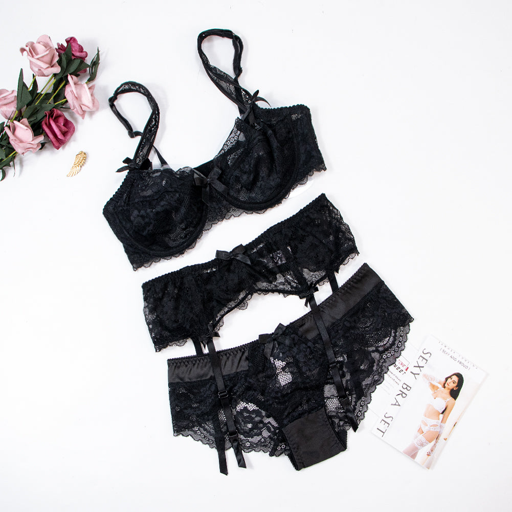 Ultra-Thin Gathered Plus Size Bowknot Floral Underwear Lace Strap Bra + Panties + Garte 3 Piece set The Clothing Company Sydney