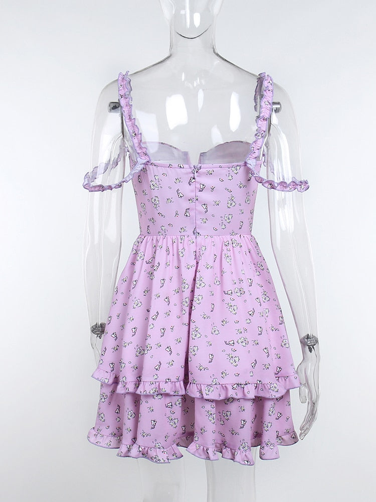 Ruffle Mini Dresses Floral Print Purple Button Sleeveless Y2K Women Casual Fashion Elegant Party Dresses The Clothing Company Sydney