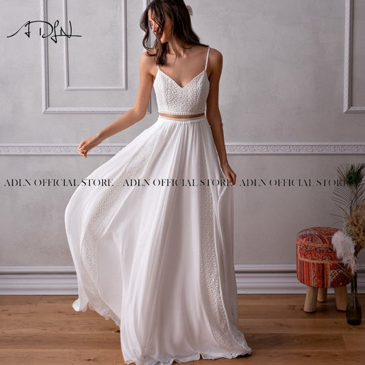 Charming Two Piece Boho Spaghetti Straps White/Ivory Chiffon Beach Bridal Gown Wedding Dress The Clothing Company Sydney