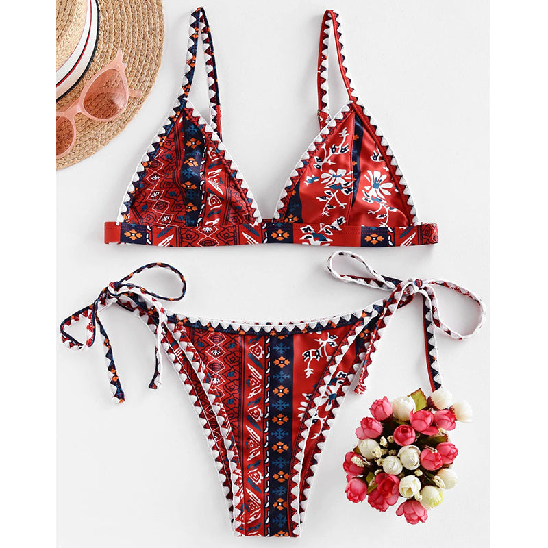 Printed Bandeau swimsuit Patchwork 2 pieces set High cut swimwear Sports bathing suit bikini set The Clothing Company Sydney