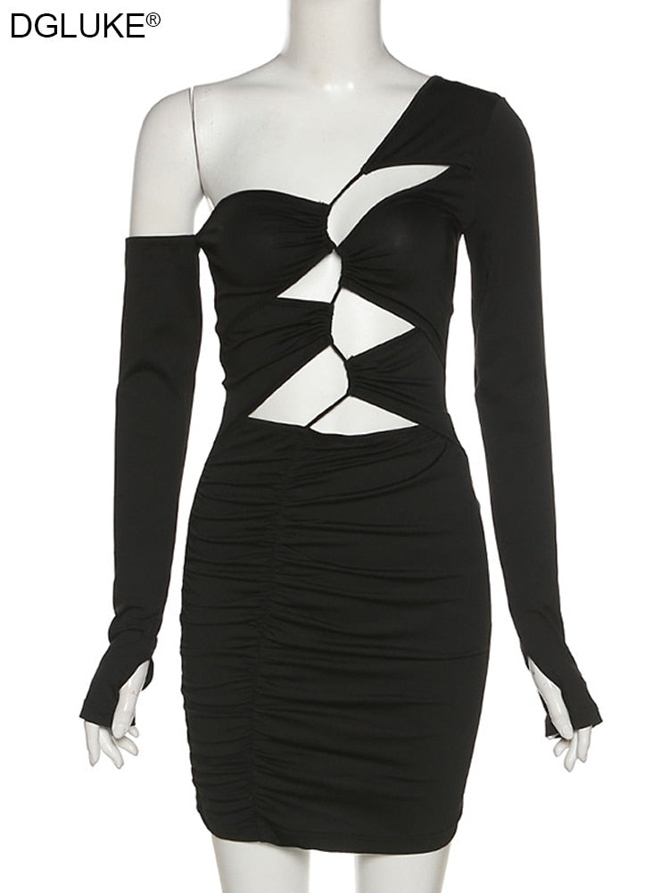 One Shoulder Bandage Bodycon Dress Long Sleeve Cut Out Mini Black Party Dresses Club Wear The Clothing Company Sydney