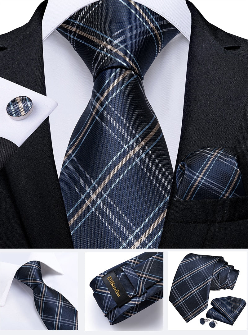 Classic 100% Silk Men's Ties 8cm Blue Plaid Dot Striped Business Necktie Handkerchief Wedding Party Tie Set The Clothing Company Sydney