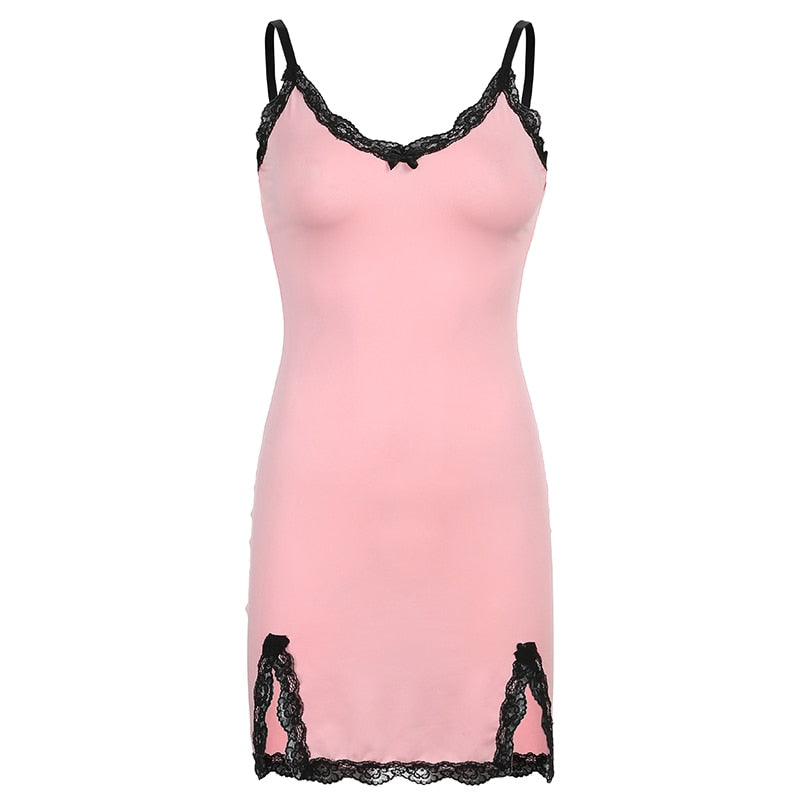 Lace Patchwork Pink Strap Bow Bodycon Summer Dresses Mini Side Split Sundress The Clothing Company Sydney