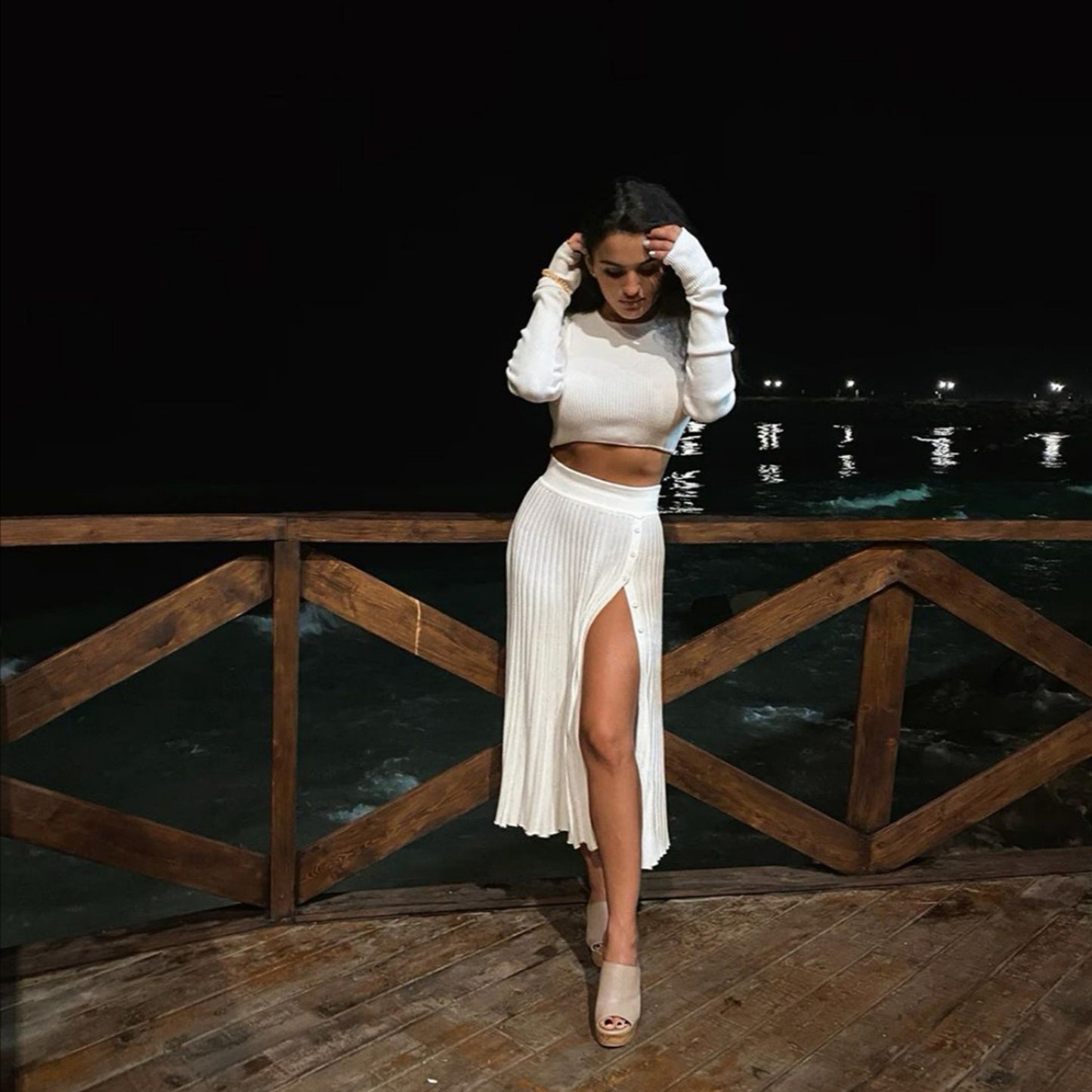 2 Piece Sweater Cropped Top Midi Skirt Matching Set Outfits Button Up Split Skirt Set The Clothing Company Sydney