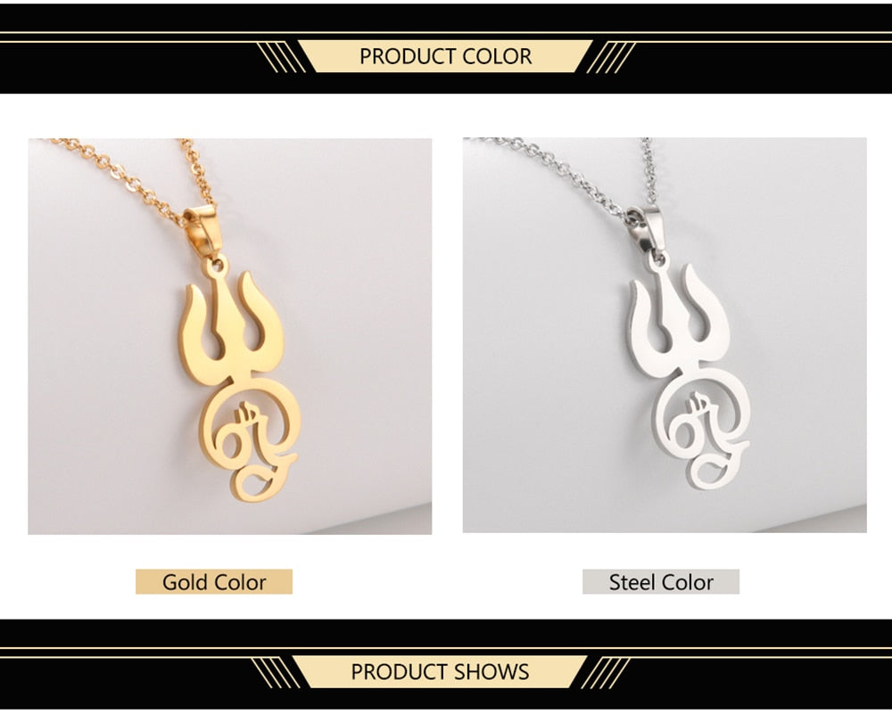 Tamil Om Aum Symbol with Trident Pendant Stainless Steel Necklace Om Shiva Symbol Yoga Vintage Talisman Jewellery The Clothing Company Sydney