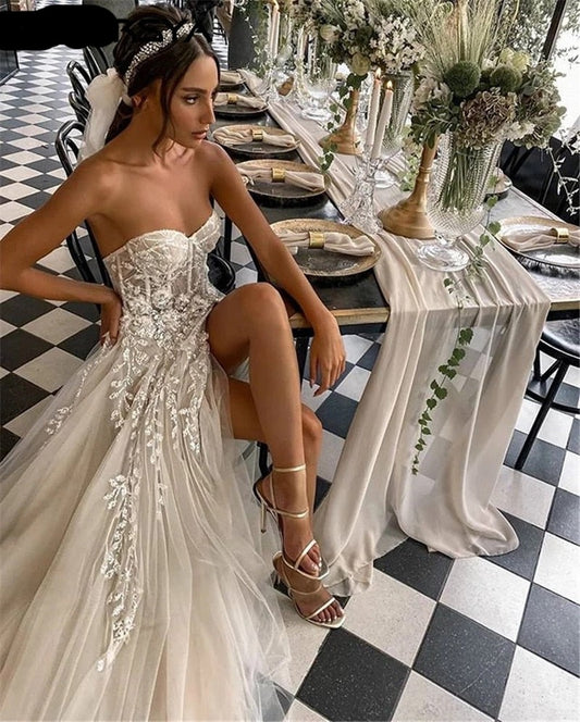Beach Wedding Dresses For Bride Elegant Lace Boho Wedding Gowns Strapless Sleeveless High Split Princess Dresses The Clothing Company Sydney