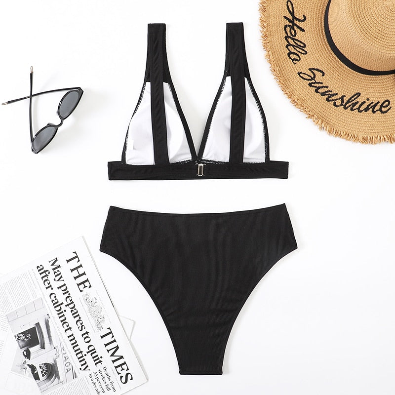 2 Piece Ribbed Bikini Women Swimsuit High Waist Swimwear V-neck Biquini Push Up Bathing Suit Women Black Bikini Set The Clothing Company Sydney