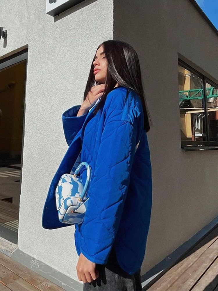 Women's Winter Blue Oversize Puffer Casual Fashion Warm Cotton Button Down Quilted Coat  Loose Jacket The Clothing Company Sydney