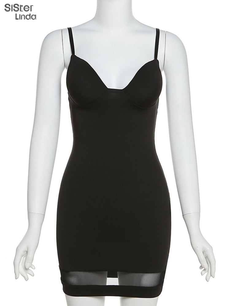 Casual Mesh Bodycon Mini Dress Women Romper  Sleeveless Skinny Stretchy Deep V Neck Party Clubwear Trend Outfit The Clothing Company Sydney